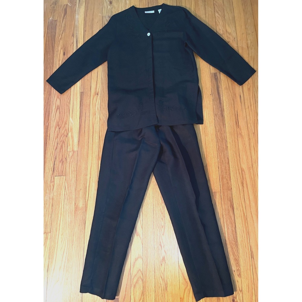 Karen Scott Sport Vintage 90s Black Linen Blend Top & Pants Set Women Small